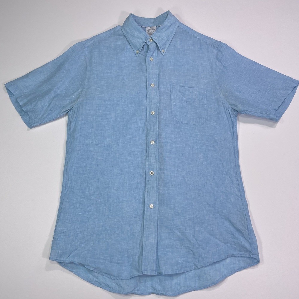 BROOKS BROTHERS Mens Light Blue Solid Irish Linen Short Sleeve Shirt Medium
